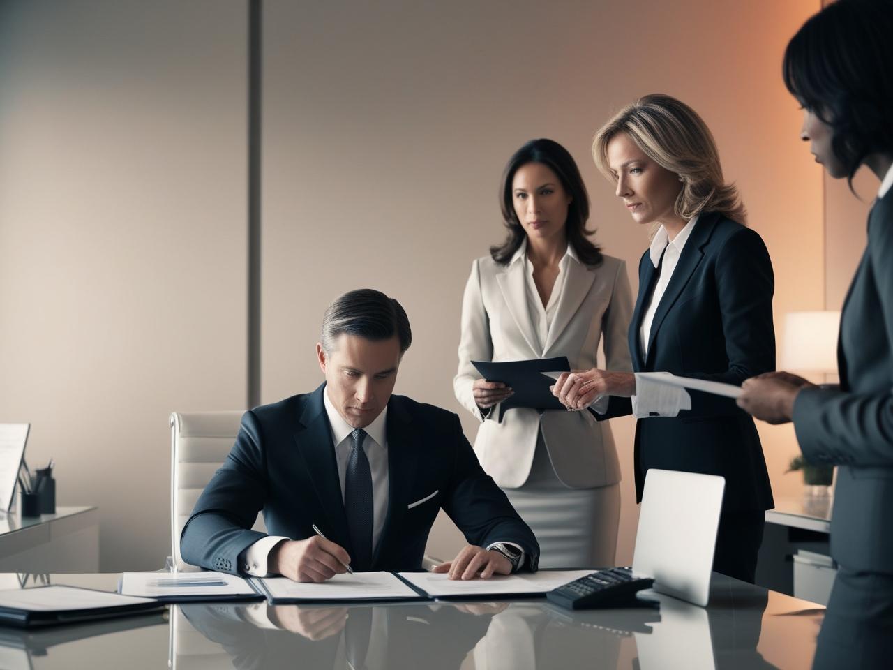 Business professionals discussing financial policies in a modern, corporate office environment.