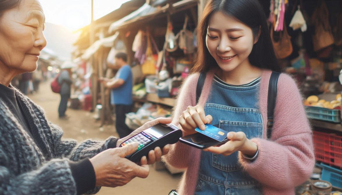 A person using their phone for mobile payments in a busy street.